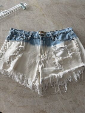 Macau White and Light Blue Distressed Denim Jean Shorts